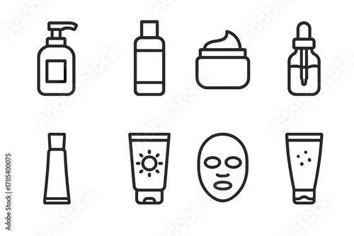 Skincare Routine Icons. Outline icon set of skincare routine: cleanser, toner, moisturizer, serum, eye cream, sunscreen, face mask