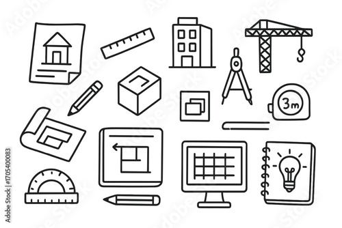 Architectural Doodle Icons. Hand-drawn doodle illustration architectural model blueprint, scale ruler, building, compass, pencil,