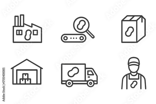 Peanut Industry Icons. Outline icon set of peanut industry: factory, conveyor belt, quality control, shipping box, warehouse,