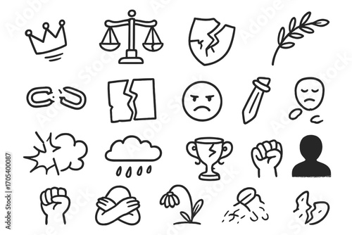 Symbols of Defeat. Hand-drawn doodle illustration indignity fallen crown, broken scales, cracked shield, wilted laurel, broken
