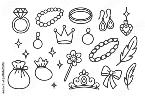 Jewelry Doodle Icons. Hand-drawn doodle illustration jewelry adornment diamond ring, pearl necklace, gold bracelet, sapphire
