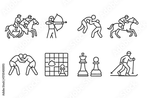 Kyrgyz & Chinese Icons. Outline icon set of Kyrgyz sports and games: kok-boru horseback game, archery, wrestling, horse racing,