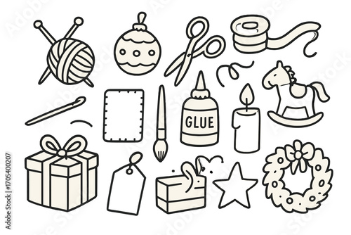 Winter Craft Market Icons. Hand-drawn doodle illustration Holiday crafts at winter markets knitting needles, wool ball, handmade