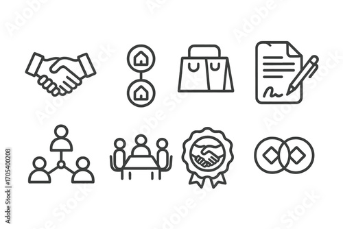 Brand Partnership Icons. Outline icon set of brand collaboration and partnerships: handshake, joint venture, contract signing,