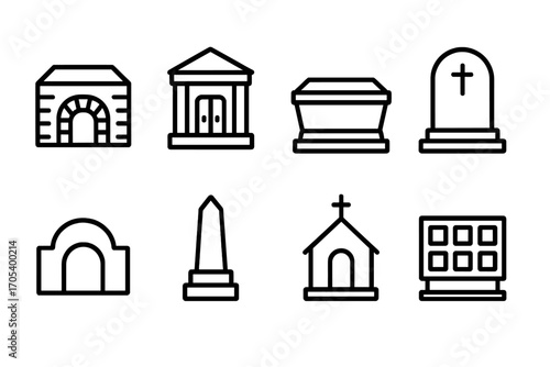 Tomb Architecture Icons. Outline icon set of tomb architecture: crypt, mausoleum, sarcophagus, tombstone, vault, monument, chapel,