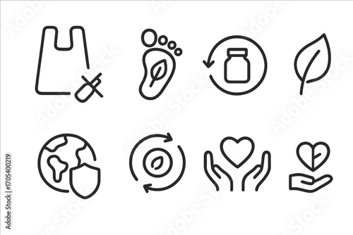 Reusable Bag Icons. Outline icon set of reusable bag environmental impact: reduced plastic waste, carbon footprint, zero waste,