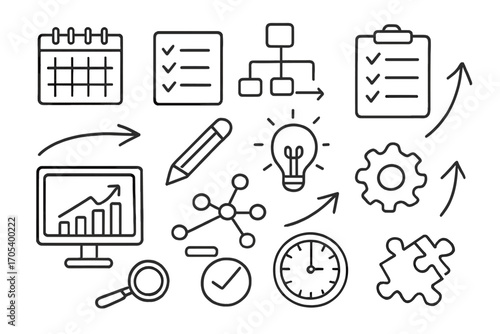 Project Management Icons. Hand-drawn doodle illustration project scheme calendar, checklist, flowchart, clipboard, pencil, light