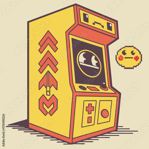 Illustration of a retro arcade game machine with pixel art