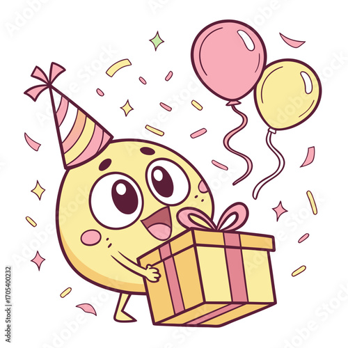 Vector art of a cartoon character with a party hat and a gift surrounded by confetti and balloons