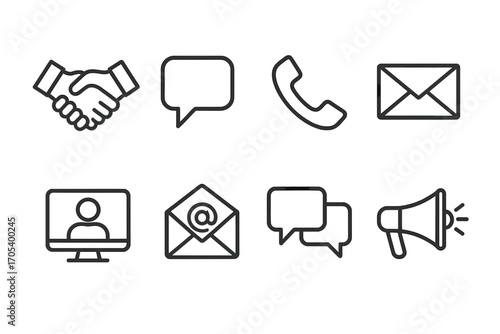 Communication Icons Set. Outline icon set of interpersonal communication: handshake, speech bubble, phone call, letter, video call