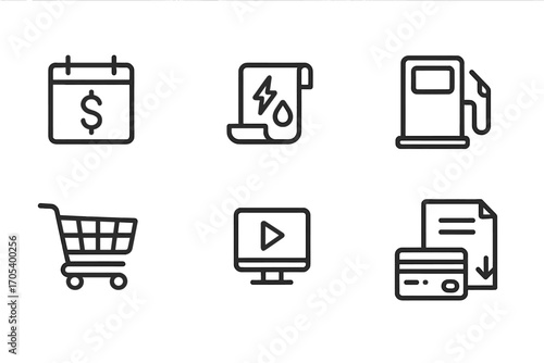 Monthly Expenses Icons. Outline icon set of monthly expenses: calendar with dollar sign, utility bills, grocery cart, fuel pump,