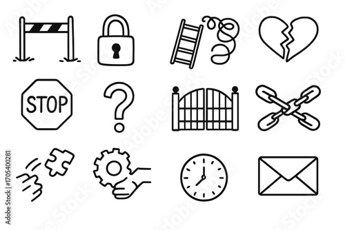 Imposing Obstacles Doodle. Hand-drawn doodle illustration obstacles and inability hurdle, locked padlock, broken ladder, tangled