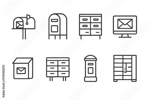 Mailbox Icon Collection. Outline icon set of mailbox types: rural mailbox, urban mailbox, apartment mailbox, digital mailbox, wall