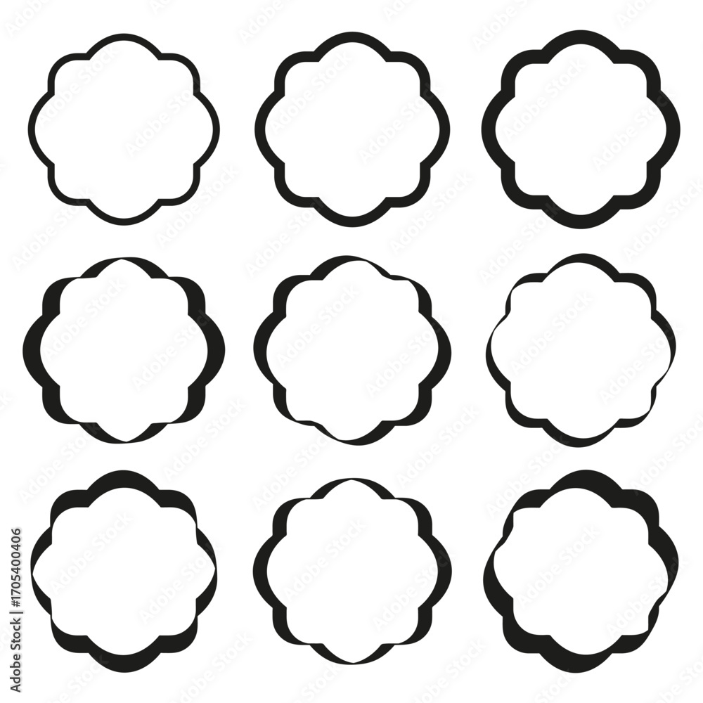 Fototapeta premium Wavy circle frames. Scalloped round border. Abstract badge illustration. Vector decorative element. EPS 10.