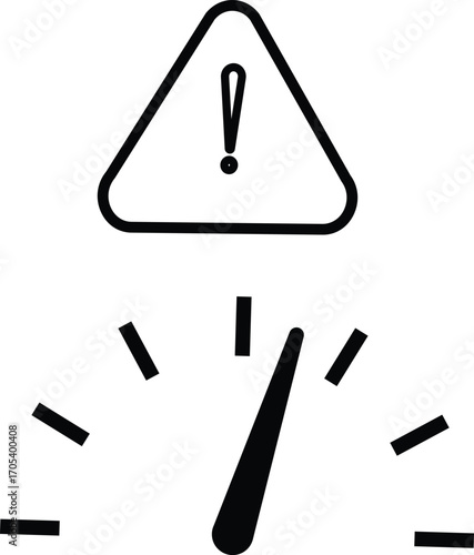 Exclamation warning sign with speedometer icon, performance risk alert, pressure hazard caution, danger speed control symbol transparent background