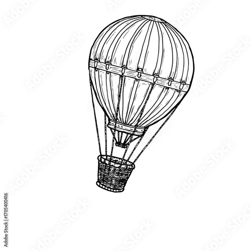 Balloon with a wicker basket, black and white ink sketch. Vector illustration. Children's flying toy, isolated on a white background. For postcards, children's books, and textile printing