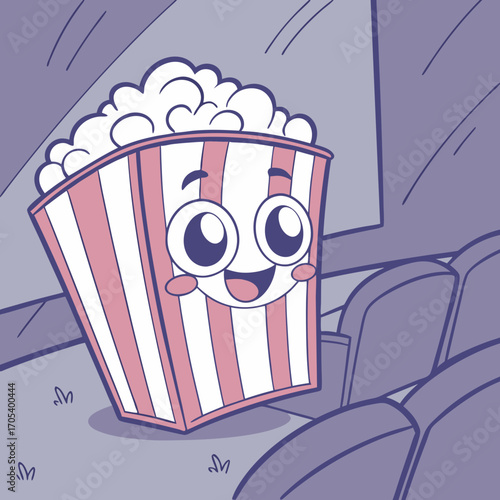 Vector art of a cartoon popcorn box in a movie theater, the popcorn box has a happy expression
