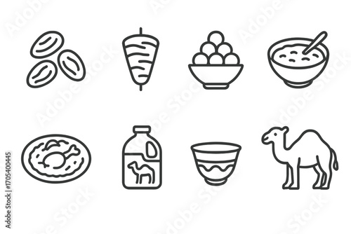 Emirati Cuisine Icons. Outline icon set of Emirati cuisine: Dates, Shawarma, Luqaimat, Harees, Machboos, Camel milk, Arabic coffee