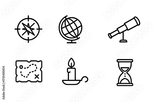 Nautical Icons Outline. Outline icon set of old journal motifs: compass, globe, ship wheel, telescope, old map, candle flame,