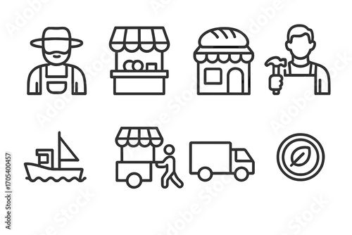 Local Economy Icons. Outline icon set of local economy: farmer, market stall, bakery, local craftsman, fishing boat, street vendor