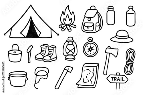 Camping Essentials Icons. Hand-drawn doodle illustration base camp tent, campfire, backpack, hiking boots, compass, map, water