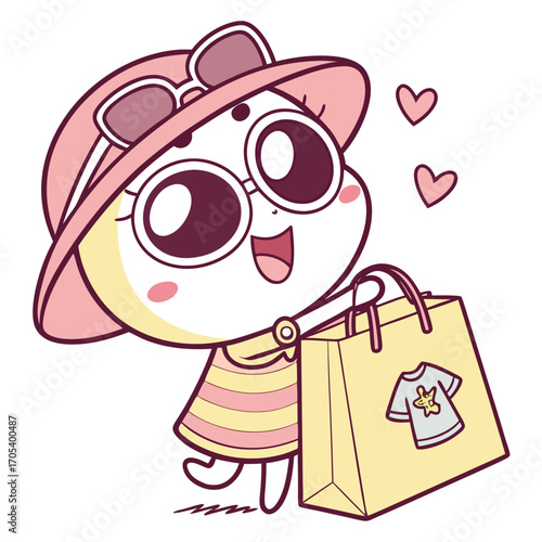 Vector art of a charming cartoon girl with sunglasses and shopping bag, showcasing a love for fashion and shopping