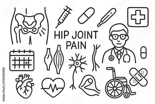 Hip Pain Symbols. Hand-drawn doodle illustration hip joint pain pain symbol, hip joint, syringe, pill, thermometer, cross,