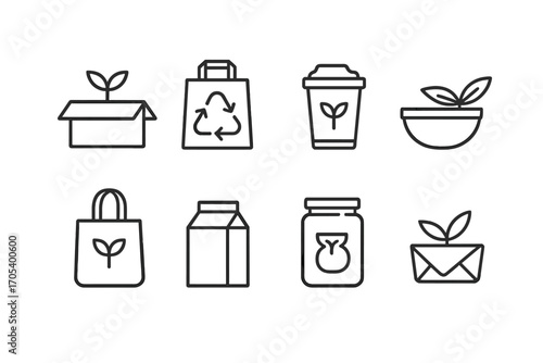 Eco-Packaging Icon Set. Outline icon set of eco-packaging: biodegradable box, recycled paper bag, compostable cup, bamboo