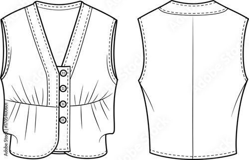 Button-front women’s vest flat sketch with waist gathers, technical fashion CAD drawing, sleeveless top vector for apparel design.