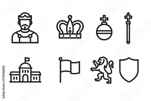 Imperial Icons Set. Outline icon set of imperial power: emperor, crown jewels, orb, scepter, palace, flag, lion, shield. Line