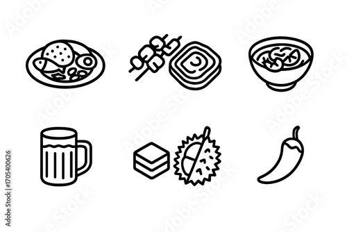 Malaysian Food Icons. Outline icon set of Malaysian food: nasi lemak, satay skewers, roti canai, laksa bowl, teh tarik glass, kuih