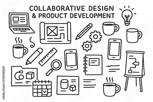 Design Tools Doodle. Hand-drawn doodle illustration Collaborative design and product development laptop, blueprint, coffee cup,