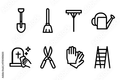 Tomb Maintenance Icons. Outline icon set of tomb maintenance: shovel, broom, rake, watering can, stone cleaning, pruning shears,