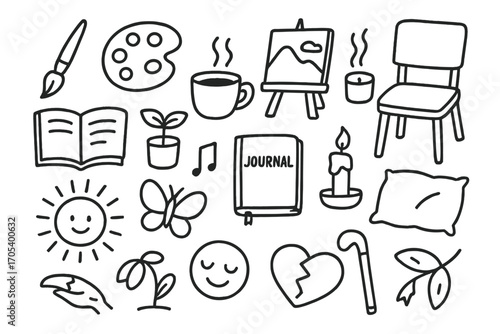 Creative Solitude Symbols. Hand-drawn doodle illustration creative solitude paintbrush, palette, canvas, open book, music note,