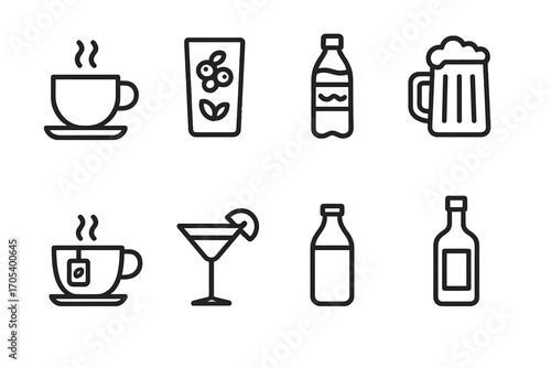 Finnish Beverages & Polish Sports. Outline icon set of Finnish beverages: coffee cup, berry juice, mineral water bottle, beer mug,