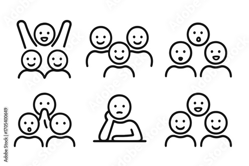 Emotions Icon Set. Outline icon set of crowd emotions: excitement, happiness, anger, sadness, surprise, anticipation, boredom,