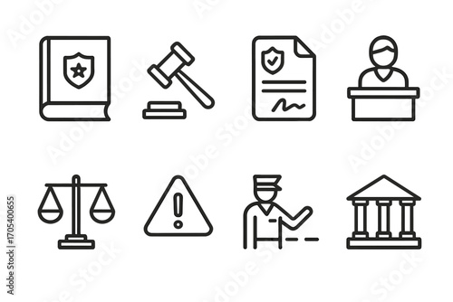 Cross-Border Legal Icons. Outline icon set of cross-border legal issues: law book, gavel, contract, judge’s bench, legal scales,