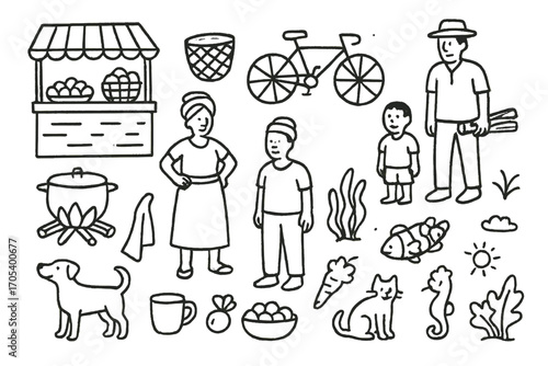 Cultural Doodle Collection. Hand-drawn doodle illustration Namibian everyday life market stall, basket, bicycle, house, woman,