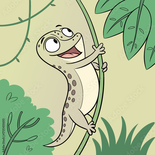 Vector art of a cute cartoon gecko climbs a vine in a lush jungle setting, showcasing its playful nature and vibrant green habitat