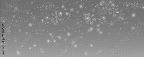 Falling snow overlay with beautiful, detailed snowflakes. Vector illustration for winter, Christmas, and New Year holiday backgrounds. A perfect element for seasonal and festive design projects.