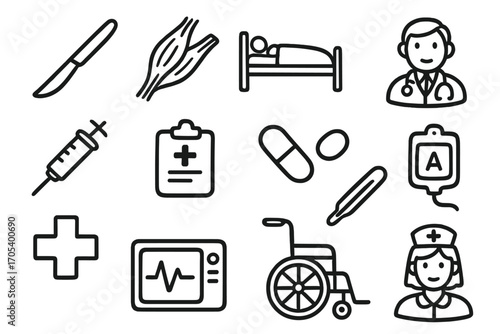 Medical Doodles Montage. Hand-drawn doodle illustration ligament ligament surgery scalpel, ligament, hospital bed, doctor, syringe