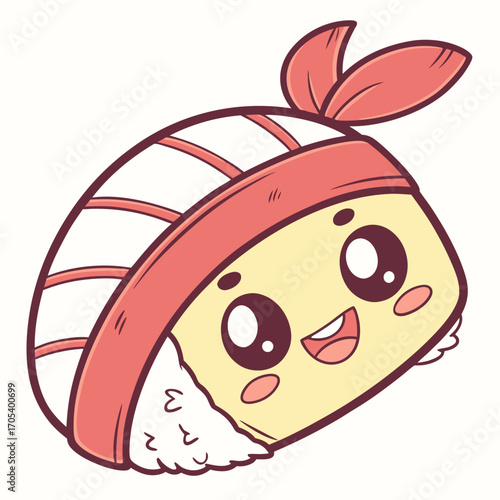 Vector art of a cute cartoon sushi character with a happy face on a