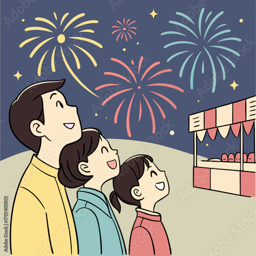Vector art of a family enjoying a fireworks display at a festival with a food stall illustration, celebrating a special occasion