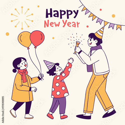 Vector art of a family celebrating new years eve with balloons, champagne, and party hats