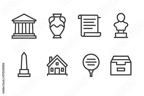 Cultural Heritage Icons. Outline icon set of cultural heritage: museum, artifact, ancient manuscript, sculpture, monument,