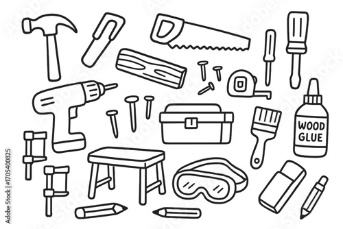 DIY Woodworking Icons. Hand-drawn doodle illustration DIY woodworking projects hammer, saw, screwdriver, drill, wood plank, nails,