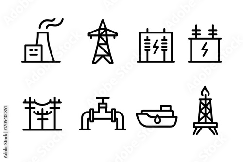 Energy Infrastructure Icons. Outline icon set of energy infrastructure: power plant, transmission tower, substation, transformer,