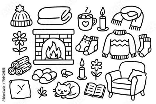 Cozy Winter Essentials. Hand-drawn doodle illustration warm softness fireplace, hot cocoa, knitted sweater, warm socks, blanket,