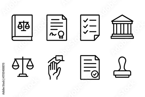 Senator Legislation Icons. Outline icon set of senator legislation process: law book, contract, checklist, parliament, scales of