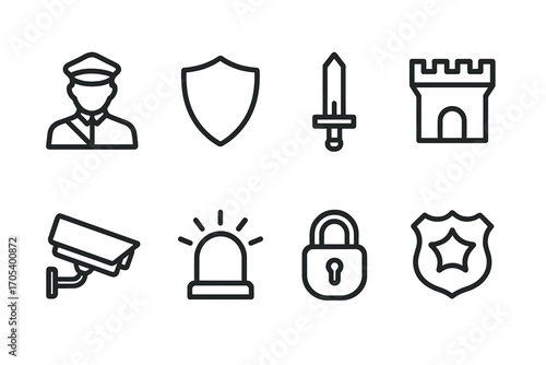 Noble Security Icons. Outline icon set of noble security and protection: guard, shield, sword, fortress, camera, alarm, lock,